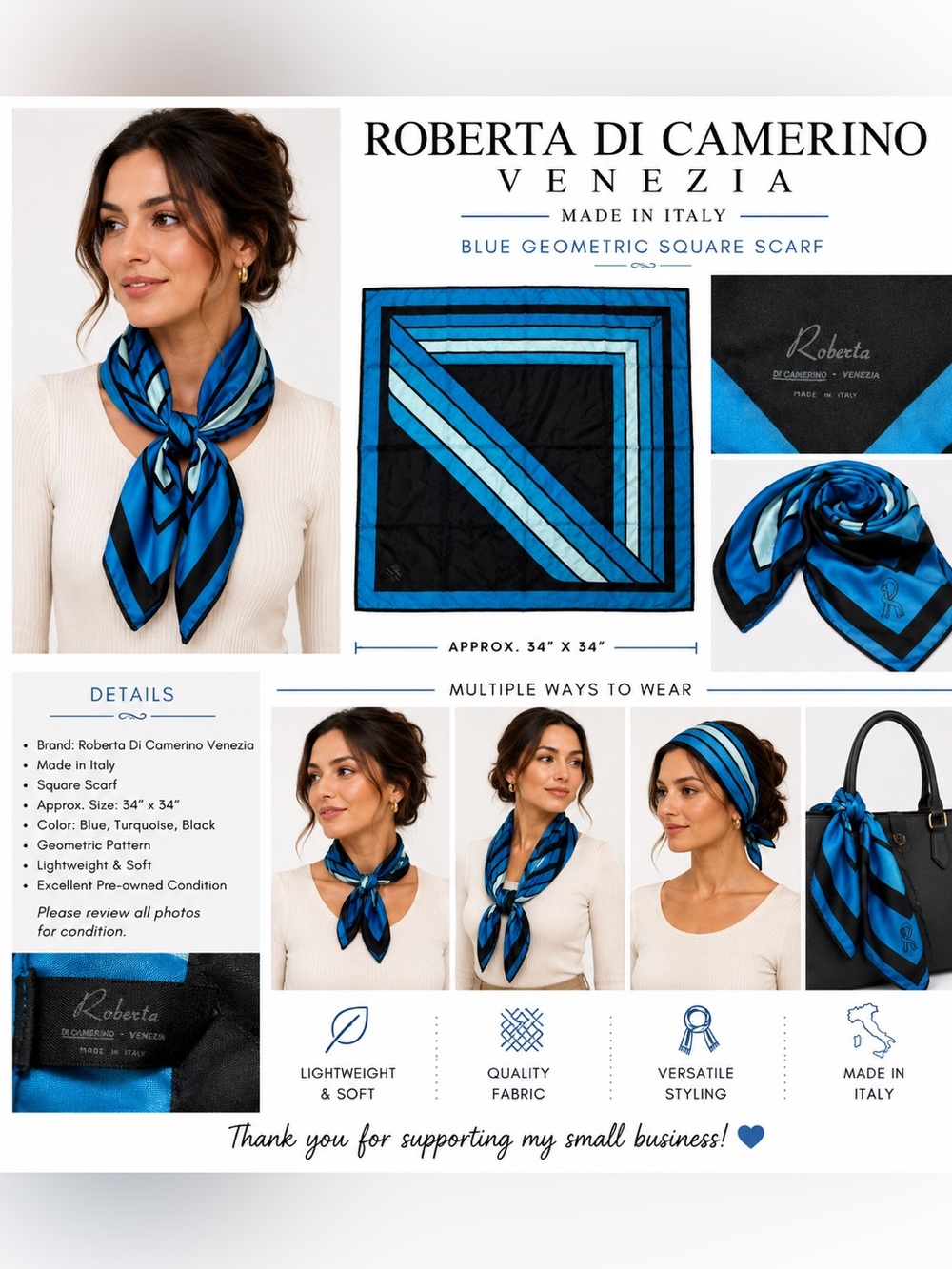 Roberta Di Camerino Venezia Made in Italy Blue Geometric Square Scarf 34" x 34"